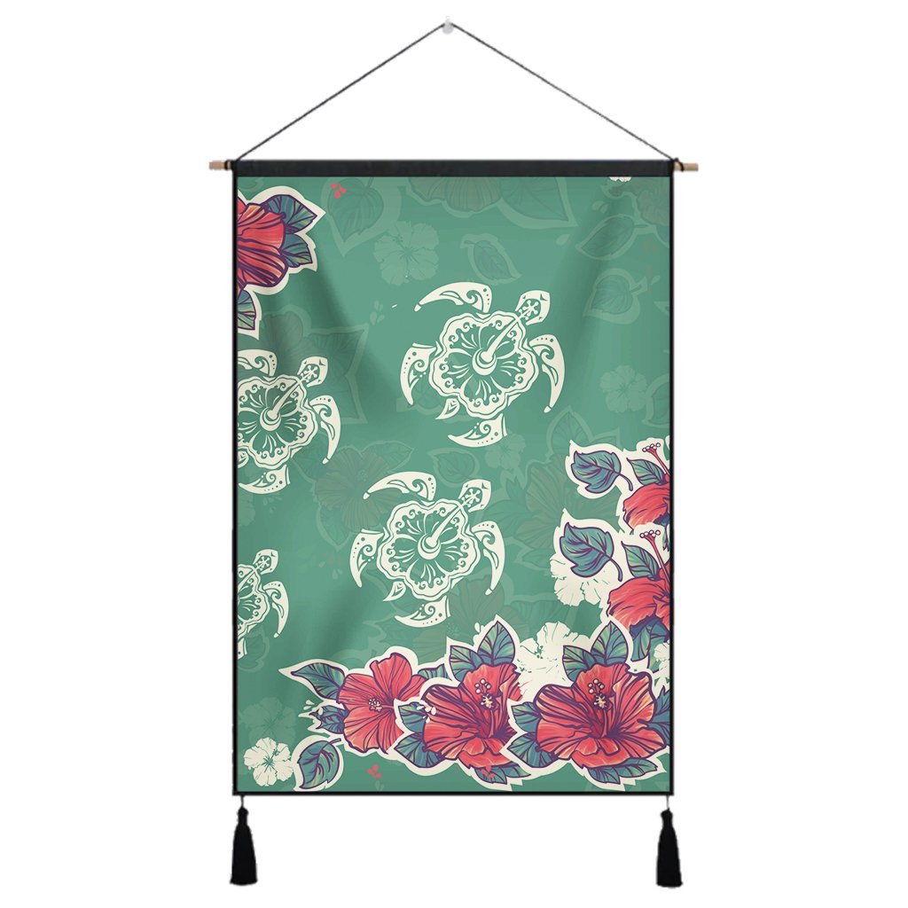 Hawaiian Turtle And Colorful Hibiscus Polynesian Hanging Poster - AH Hanging Poster Cotton And Linen - Polynesian Pride