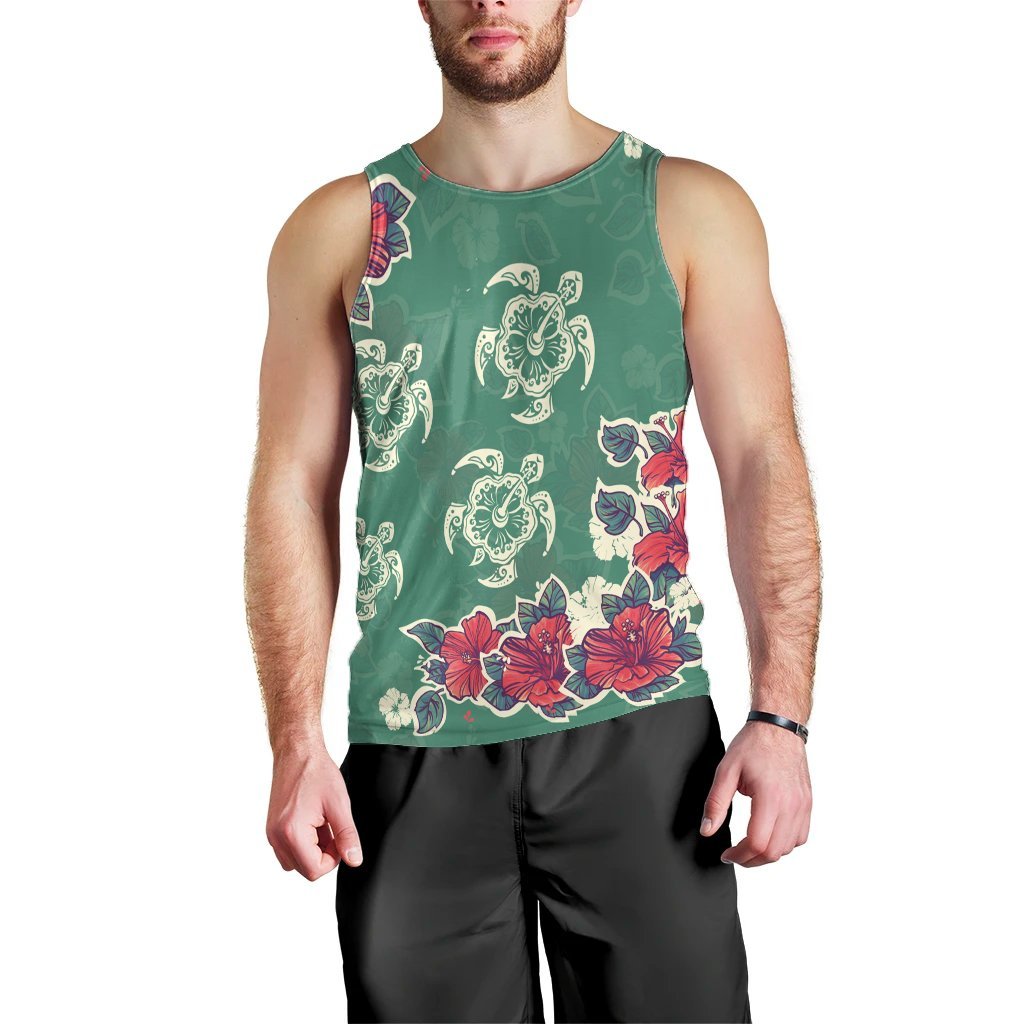 Hawaiian Turtle And Colorful Hibiscus Polynesian Tank Top - AH Black - Polynesian Pride