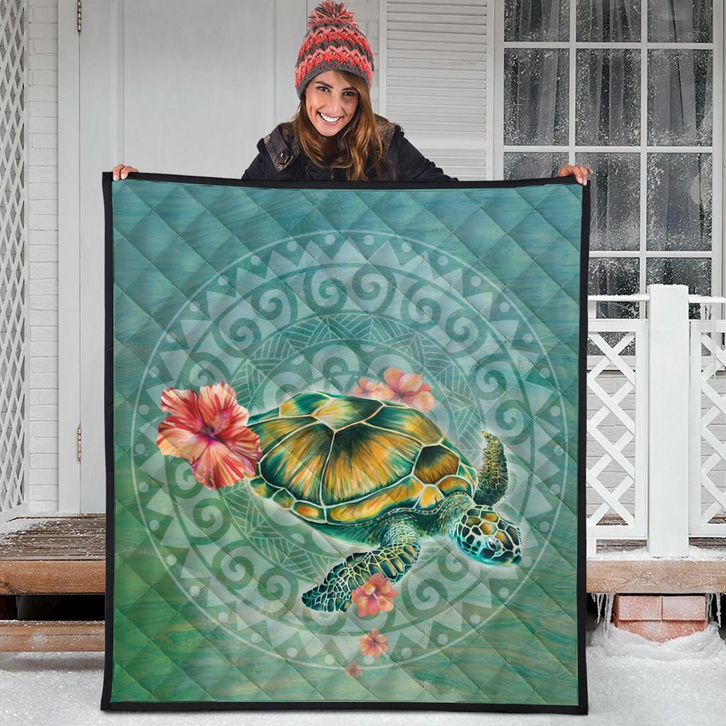Hawaiian Turtle And Hibiscus Polynesian Premium Quilts - AH - Polynesian Pride