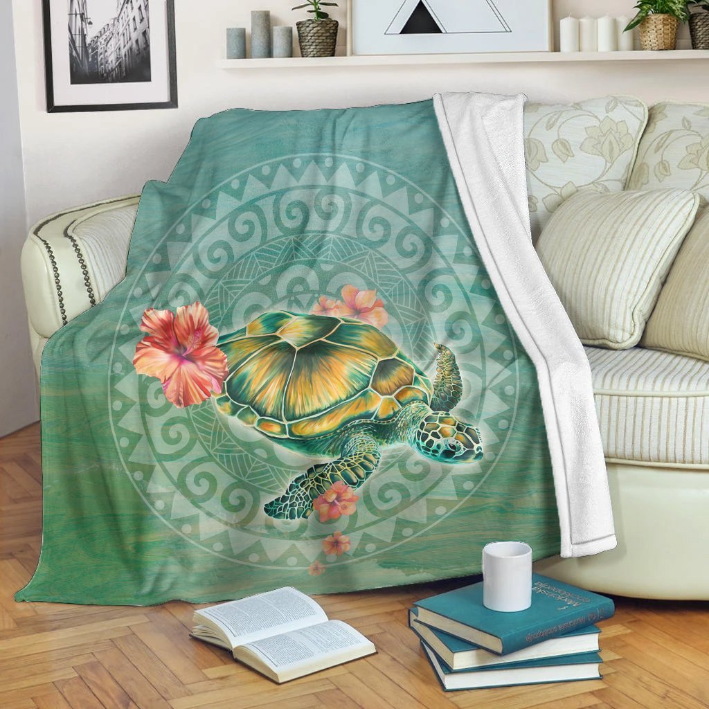 Hawaiian Turtle And Hibiscus Polynesian Premium Blankets - AH White - Polynesian Pride