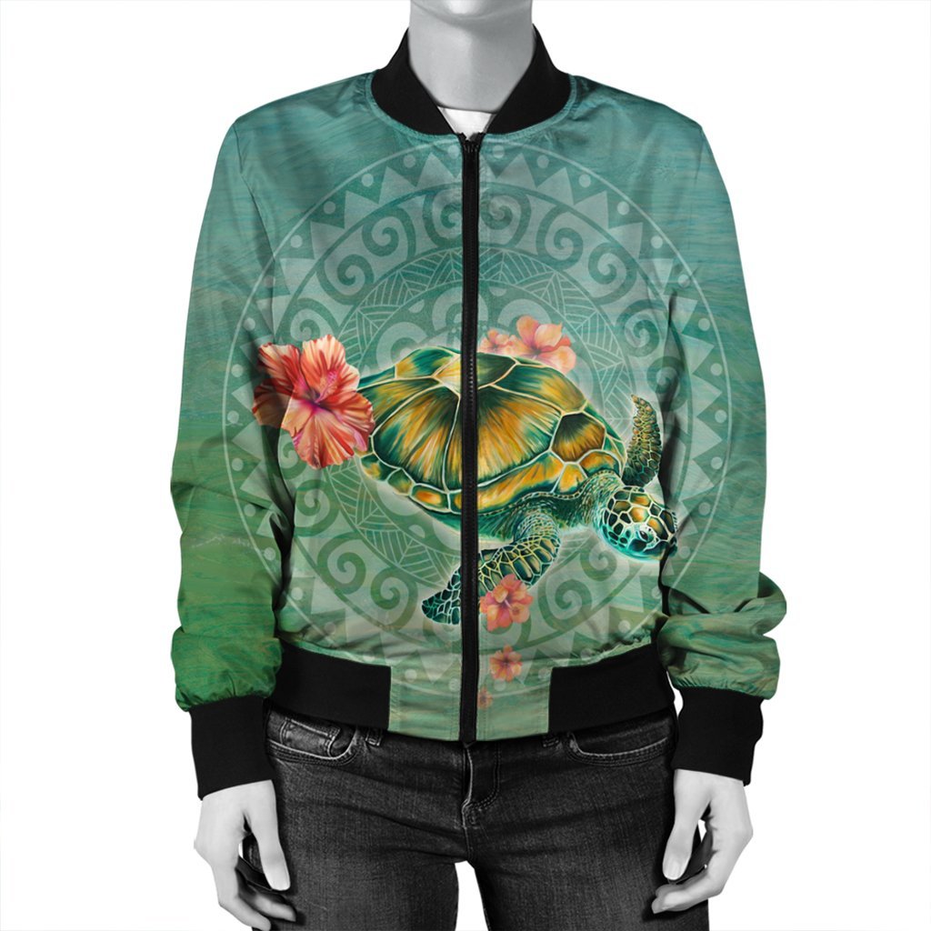 Hawaiian Turtle And Hibiscus Polynesian Bomber Jacket - AH - Polynesian Pride