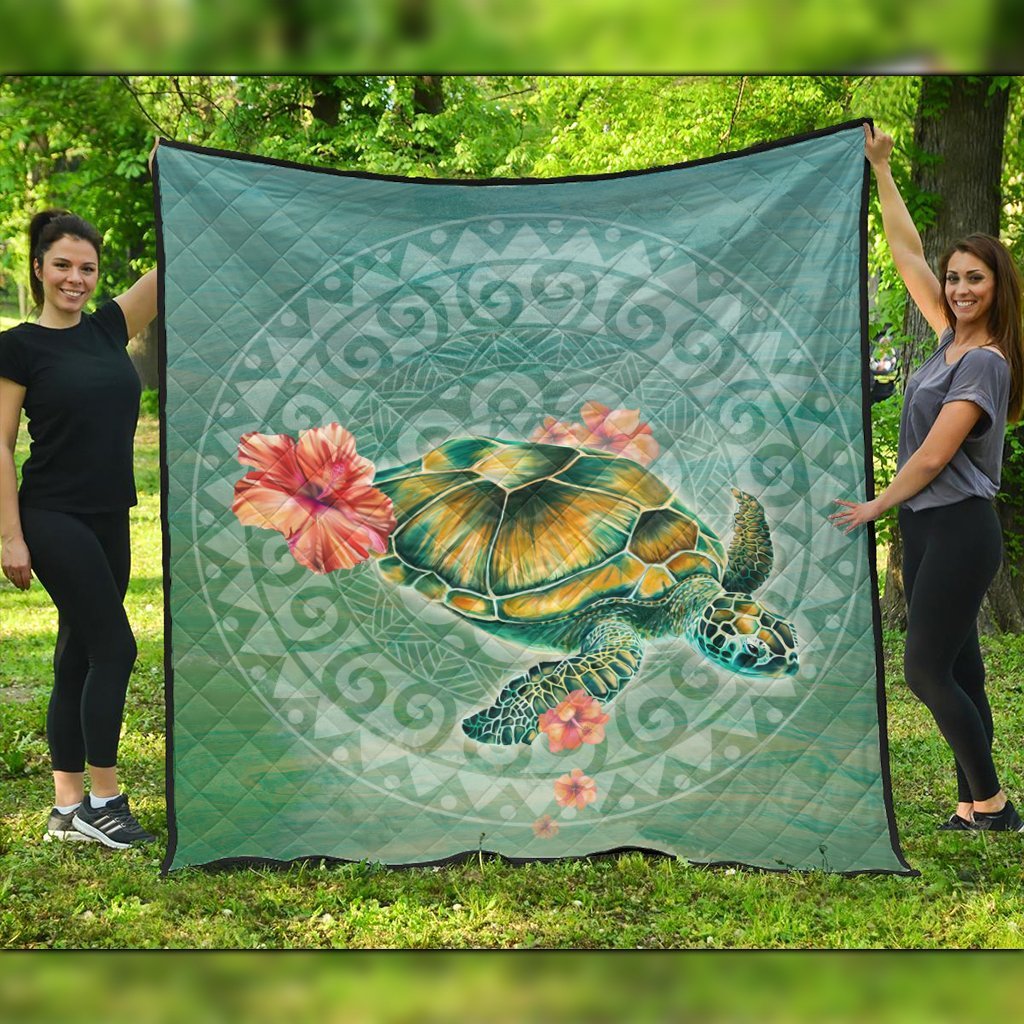 Hawaiian Turtle And Hibiscus Polynesian Premium Quilts - AH Black - Polynesian Pride