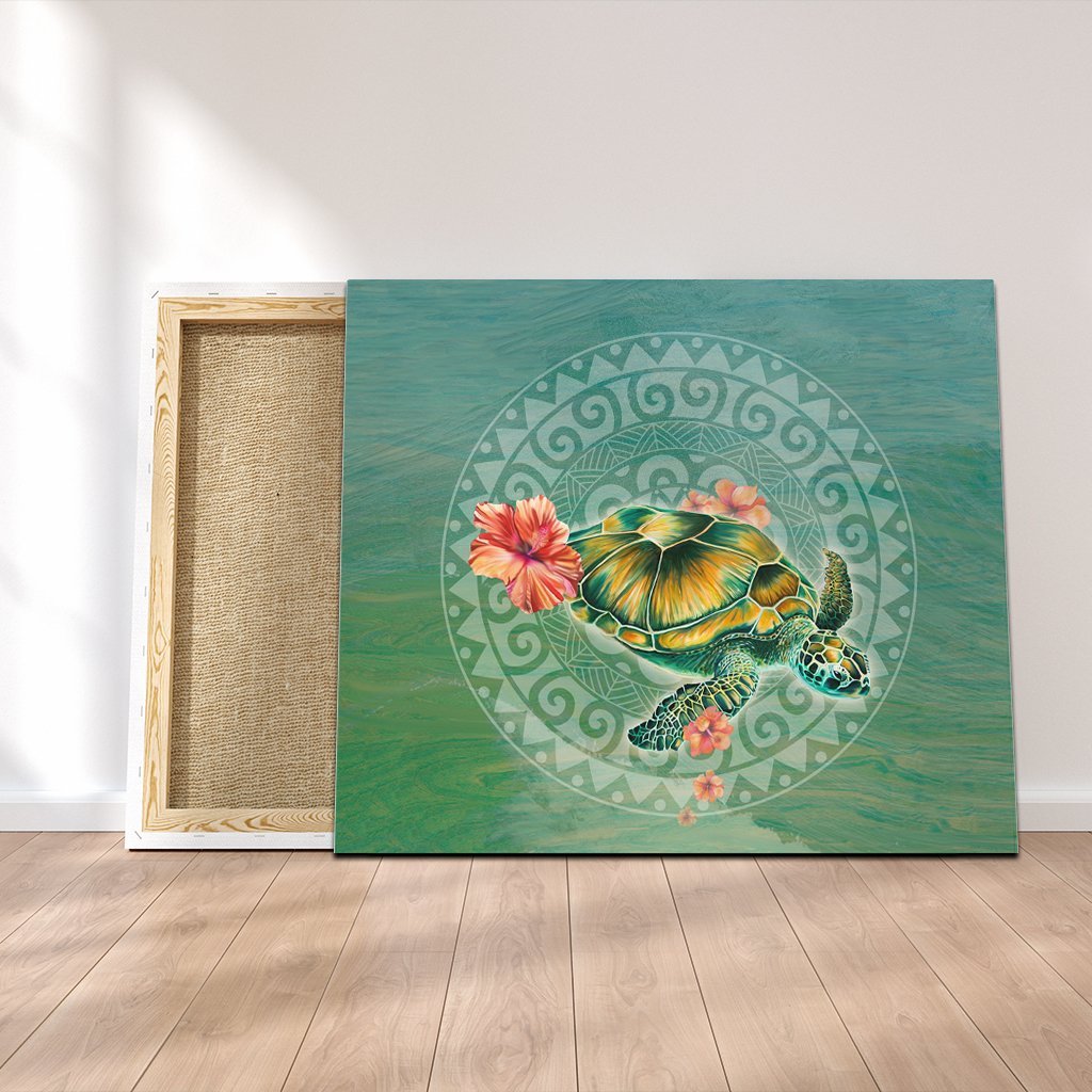 Hawaiian Turtle And Hibiscus Polynesian Canvas - AH Canvas Poly-cotton - Polynesian Pride