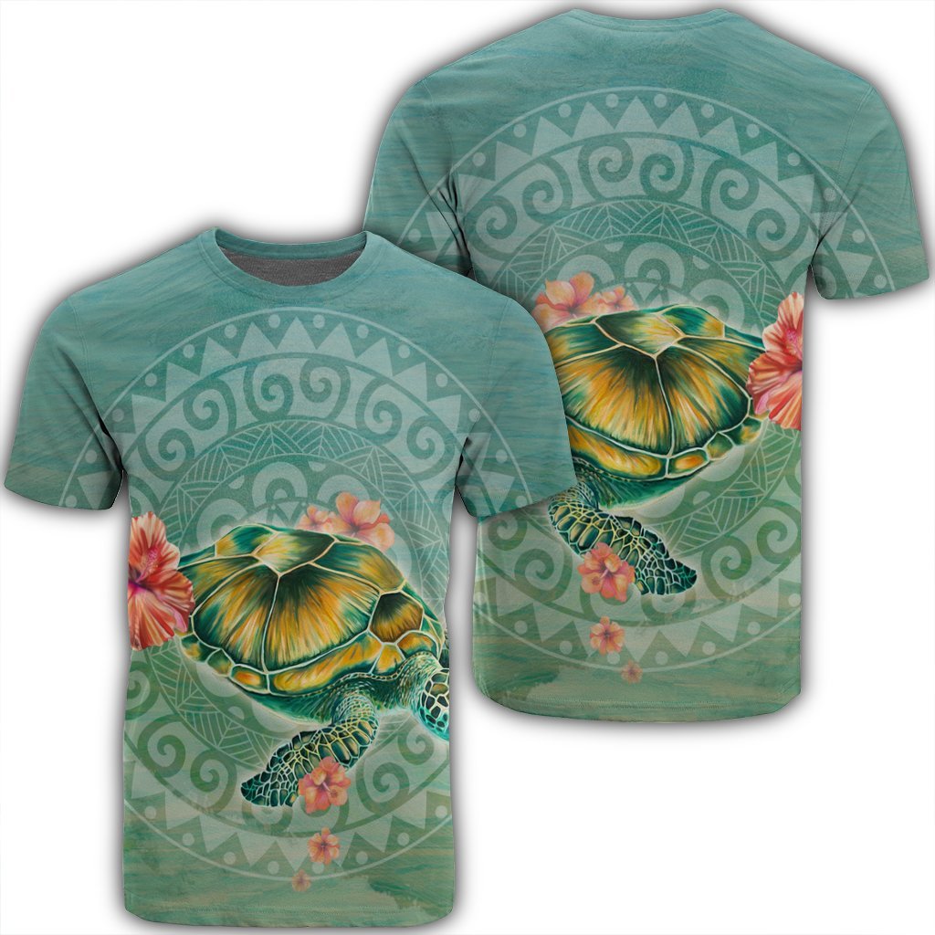 Hawaiian Turtle And Hibiscus Polynesian T Shirt AH Unisex Black - Polynesian Pride