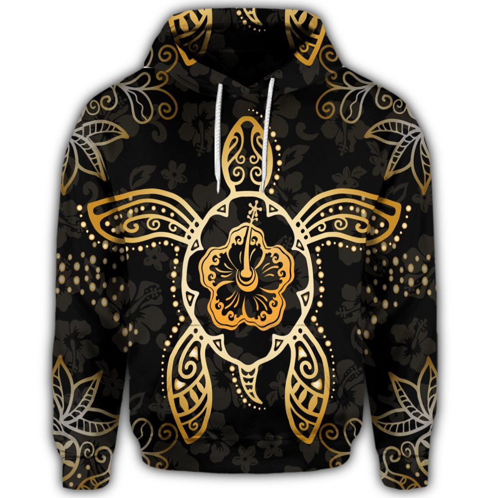 Hawaiian Turtle and Hibiscus Polynesian Hoodie Gold - Polynesian Pride
