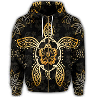 Hawaiian Turtle and Hibiscus Polynesian Zip Hoodie Gold - Polynesian Pride