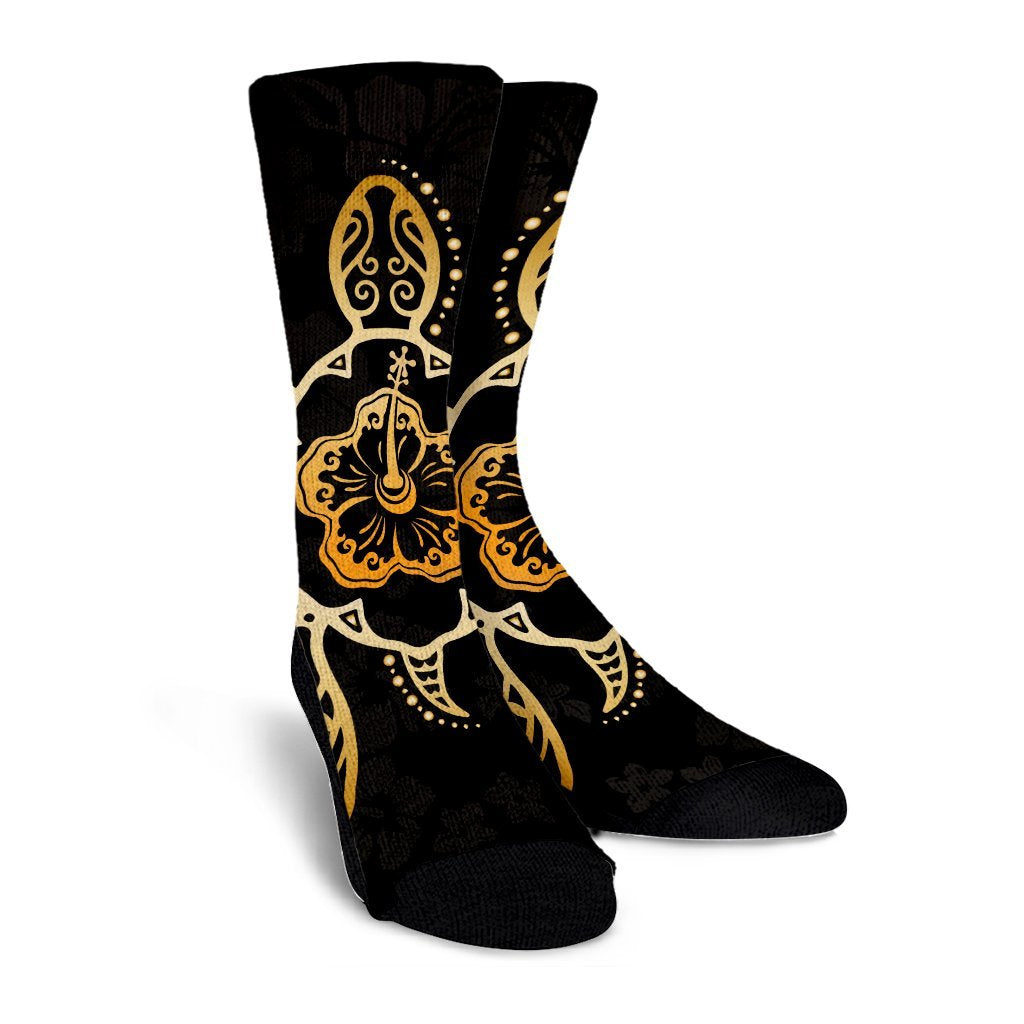 Hawaiian Turtle And Hibiscus Polynesian Crew Socks Gold - AH - Polynesian Pride