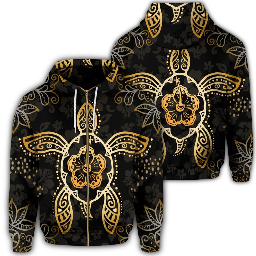 Hawaiian Turtle and Hibiscus Polynesian Zip Hoodie Gold Unisex Art - Polynesian Pride