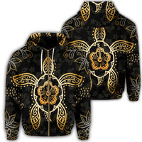 Hawaiian Turtle and Hibiscus Polynesian Zip Hoodie Gold Unisex Art - Polynesian Pride