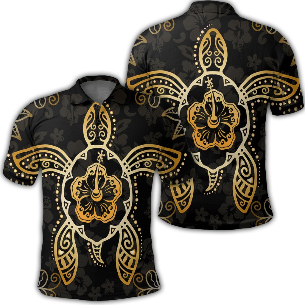 Hawaiian Turtle and Hibiscus Polynesian Polo Shirt Gold Unisex Black - Polynesian Pride