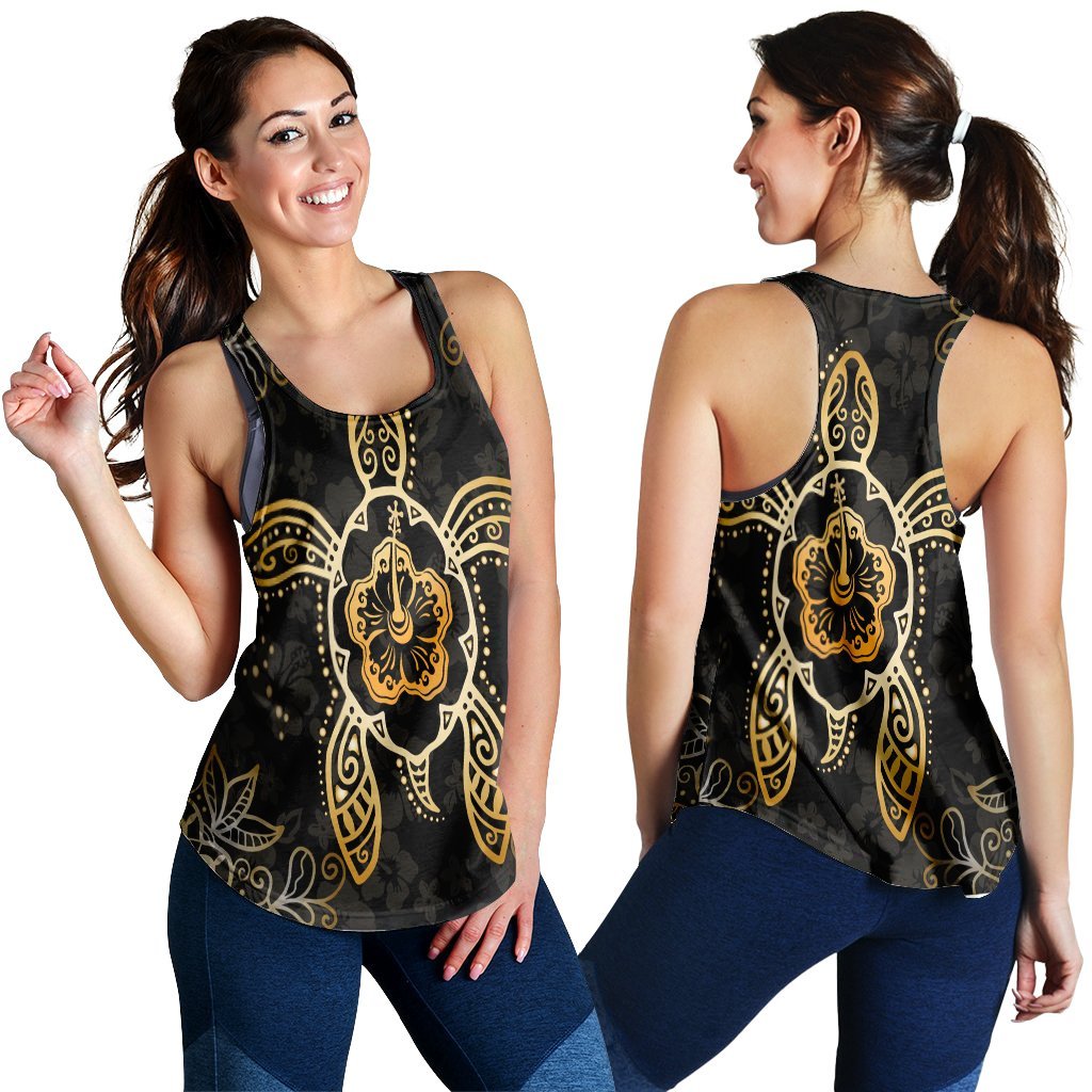 Hawaiian Turtle And Hibiscus Polynesian Racerback Tank Gold - AH Black - Polynesian Pride