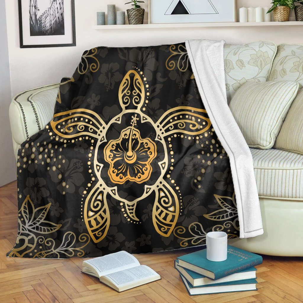 Hawaiian Turtle And Hibiscus Polynesian Premium Blankets Gold - AH White - Polynesian Pride