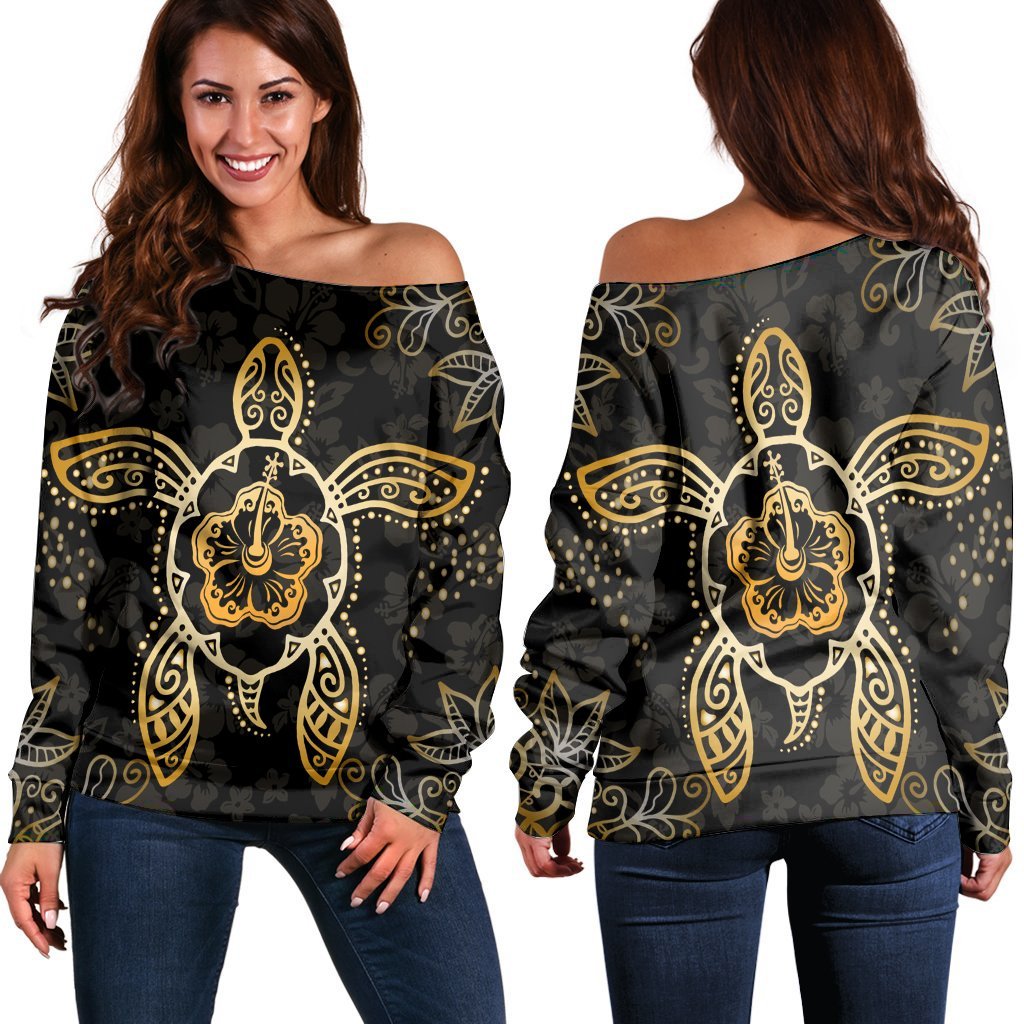 Hawaiian Turtle And Hibiscus Polynesian Women's Off Shoulder Sweater Gold - AH Black - Polynesian Pride