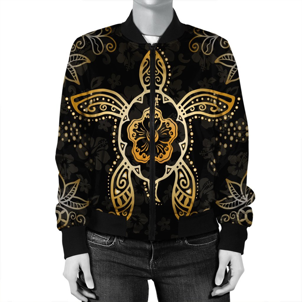 Hawaiian Turtle And Hibiscus Polynesian Bomber Jacket Gold - AH - Polynesian Pride