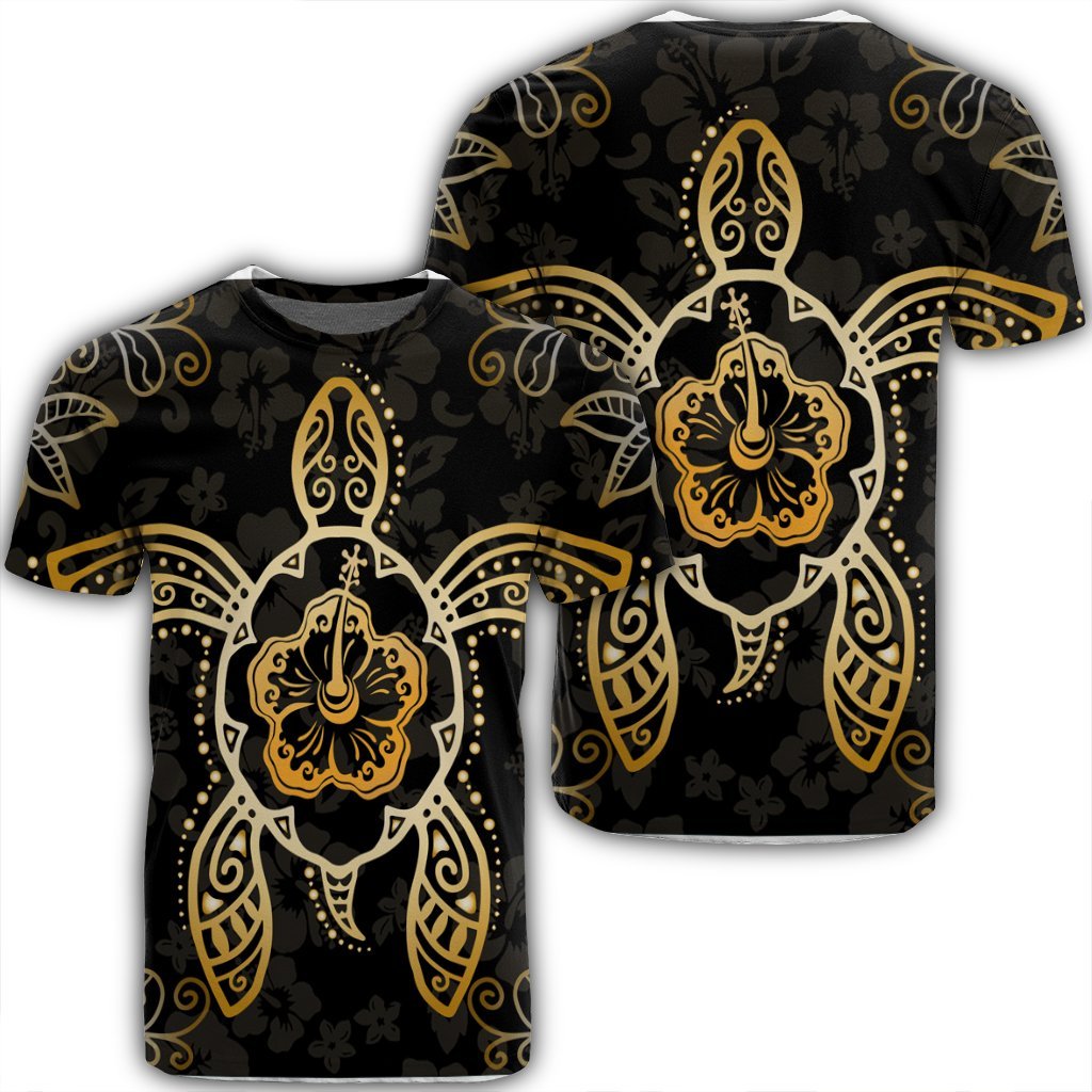 Hawaiian Turtle And Hibiscus Polynesian T Shirt Gold AH Unisex Black - Polynesian Pride