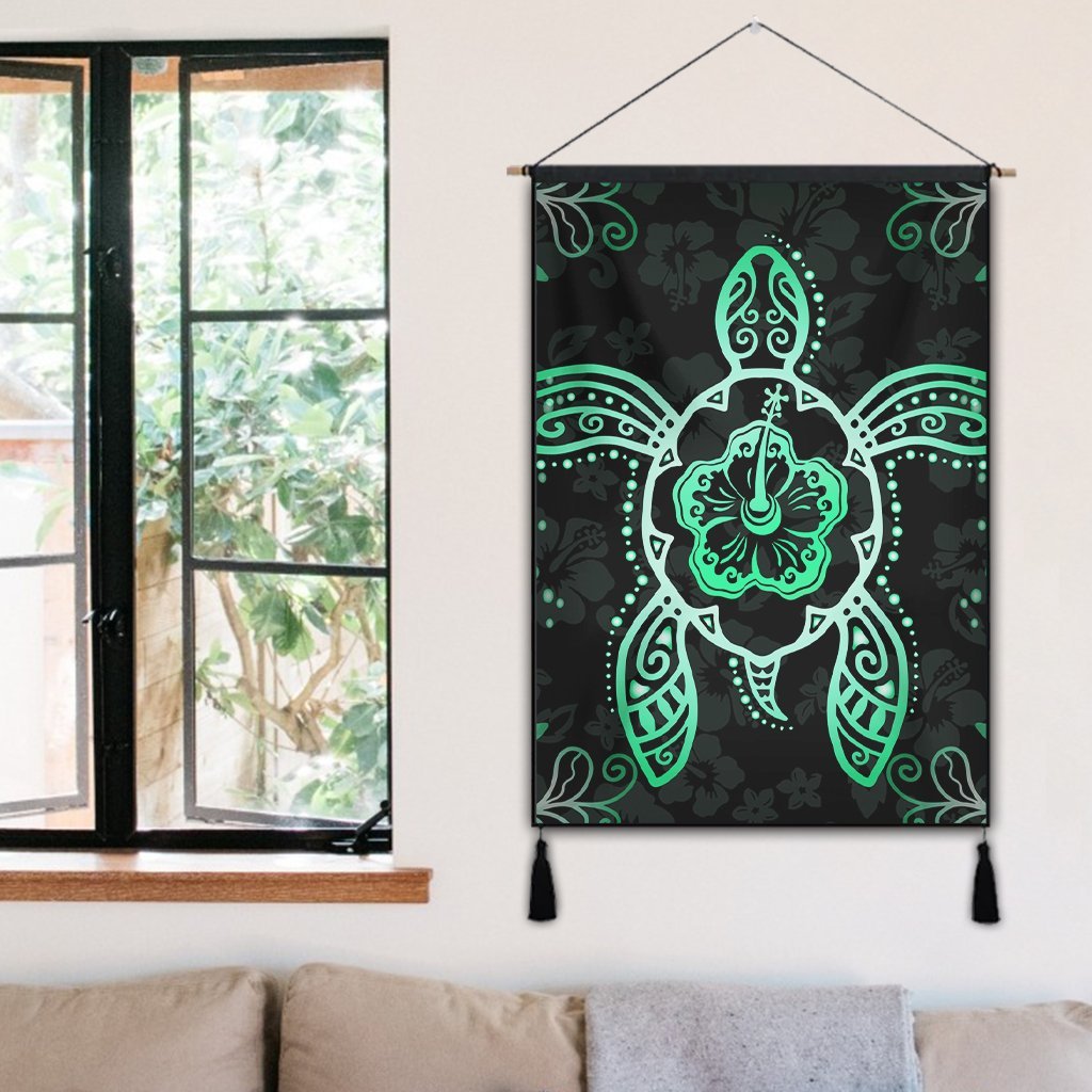 Hawaiian Turtle And Hibiscus Polynesian Hanging Poster Green - AH - Polynesian Pride