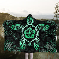 Hawaiian Turtle And Hibiscus Polynesian Hooded Blanket Green - AH - Polynesian Pride