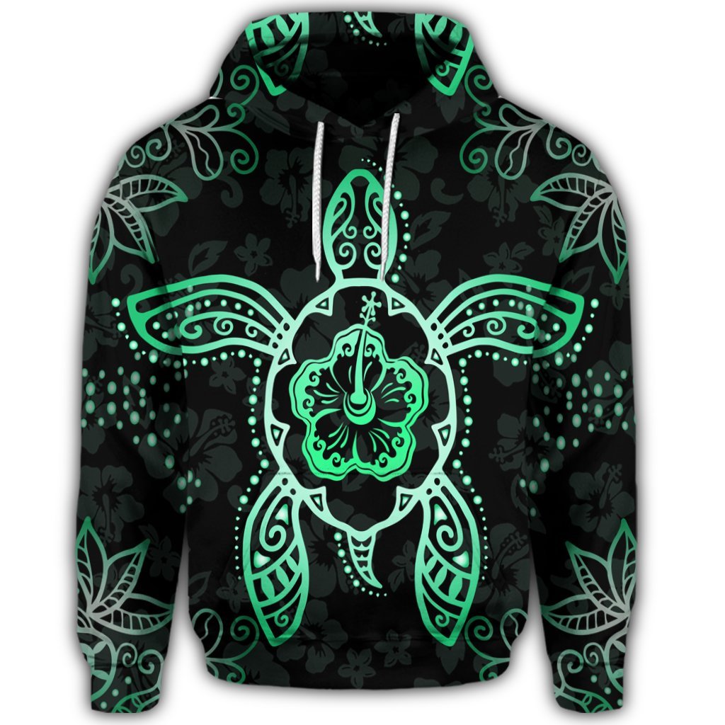Hawaiian Turtle and Hibiscus Polynesian Hoodie Green - Polynesian Pride
