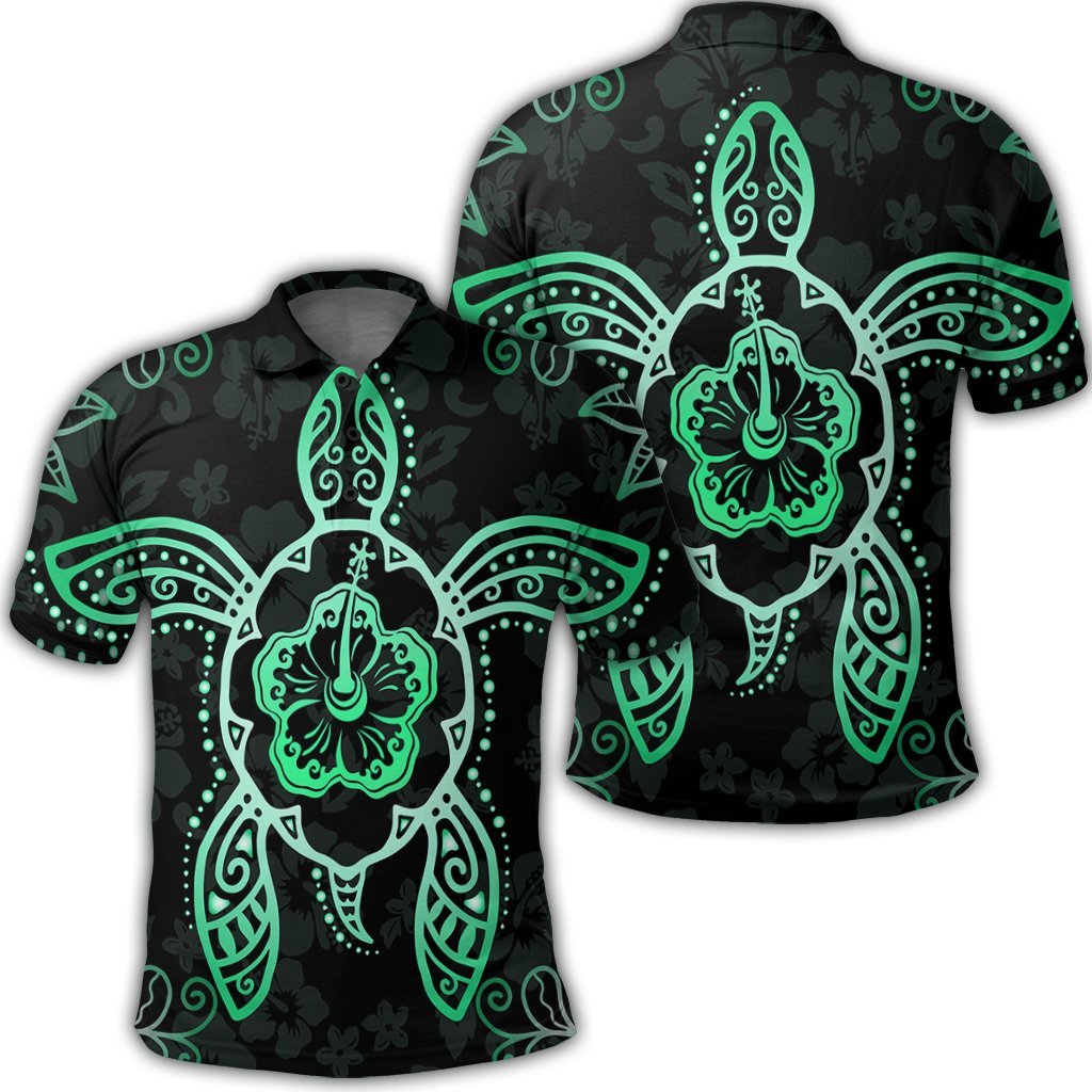 Hawaiian Turtle and Hibiscus Polynesian Polo Shirt Green Unisex Black - Polynesian Pride