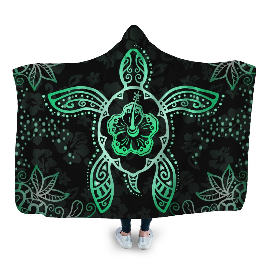 Hawaiian Turtle And Hibiscus Polynesian Hooded Blanket Green - AH Hooded Blanket White - Polynesian Pride