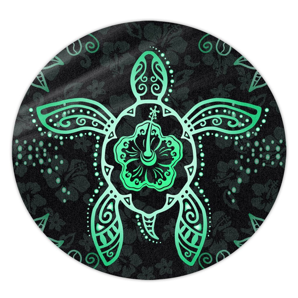 Hawaiian Turtle And Hibiscus Polynesian Round Carpet Green - AH Round Carpet Luxurious Plush - Polynesian Pride