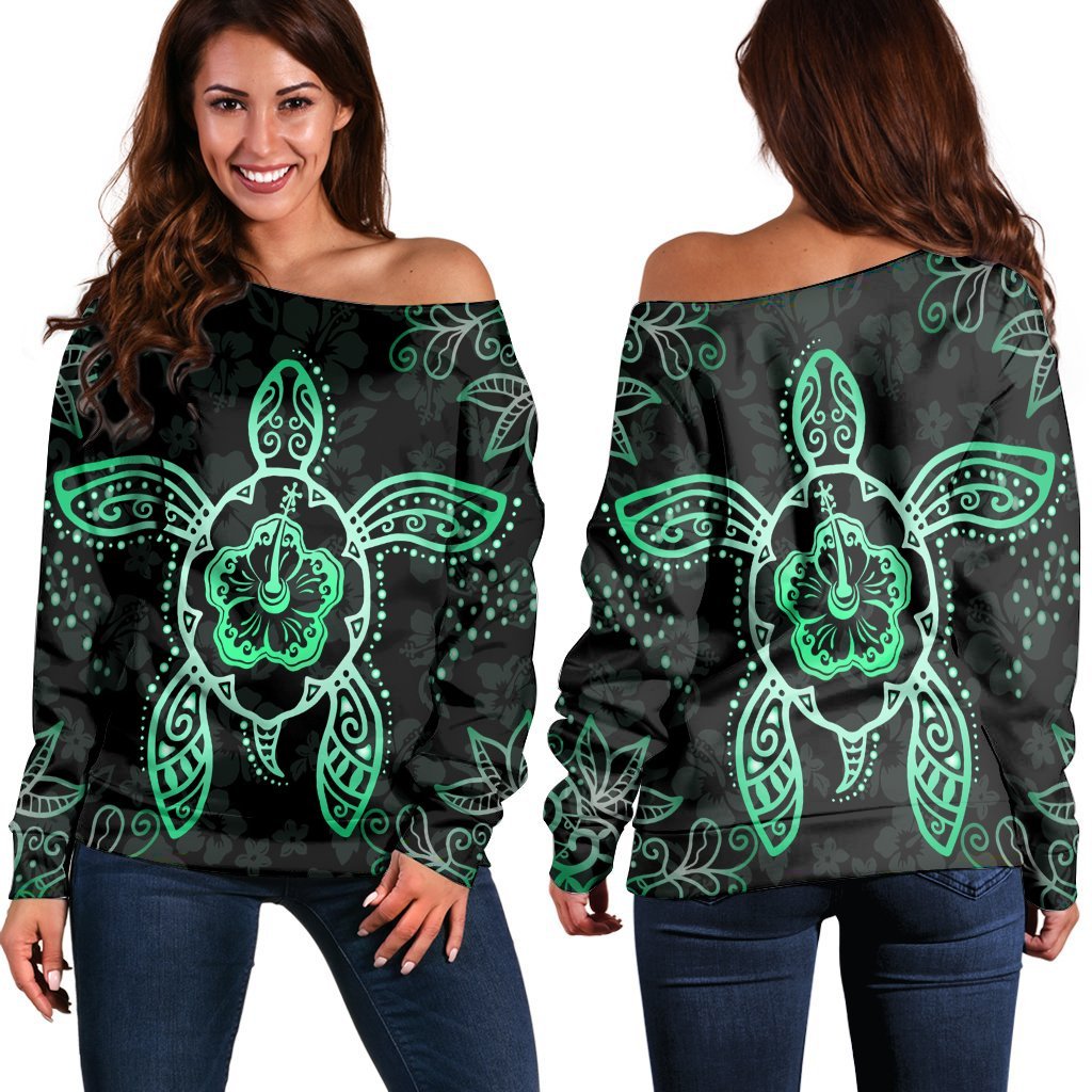 Hawaiian Turtle And Hibiscus Polynesian Women's Off Shoulder Sweater Green - AH Black - Polynesian Pride