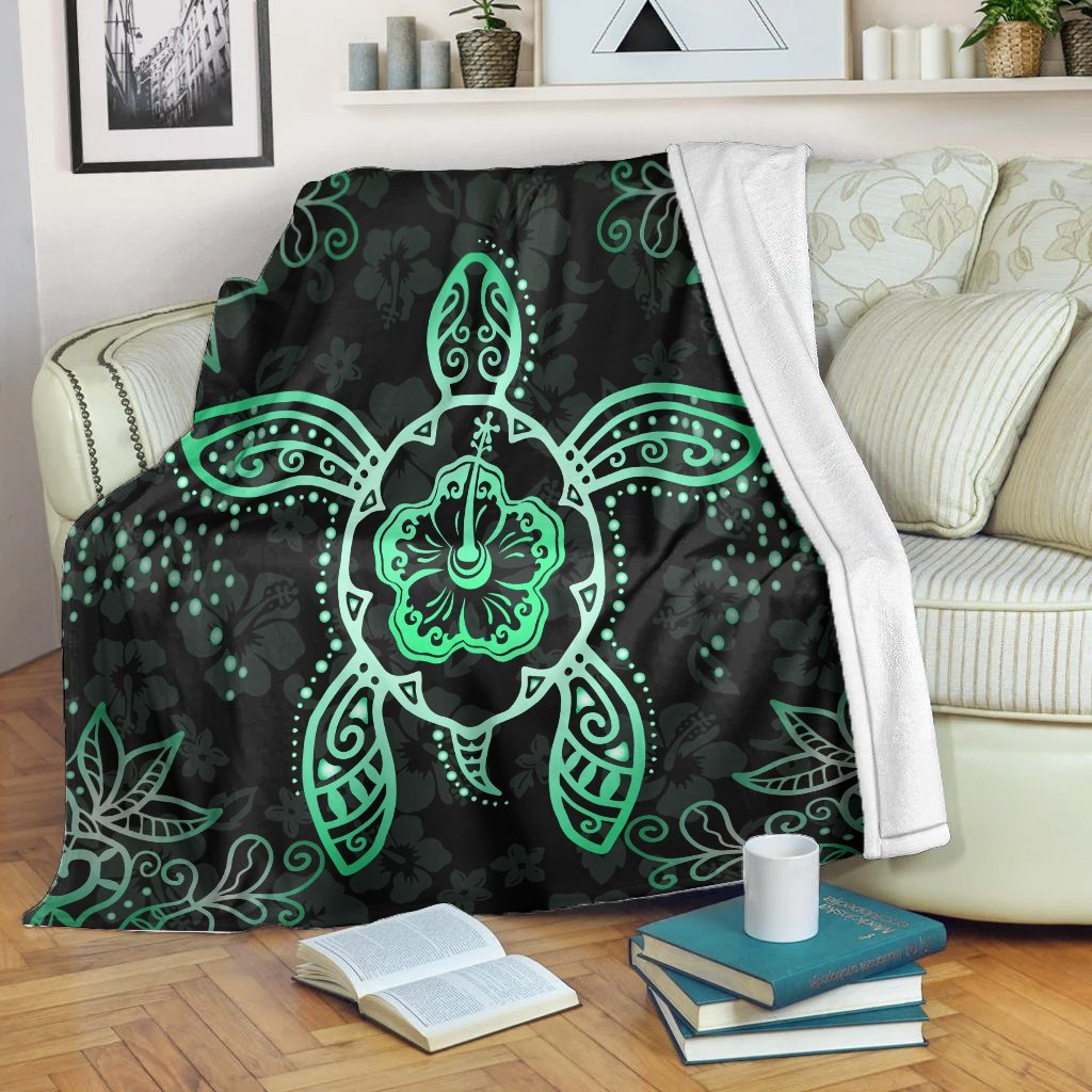 Hawaiian Turtle And Hibiscus Polynesian Premium Blankets Green - AH White - Polynesian Pride