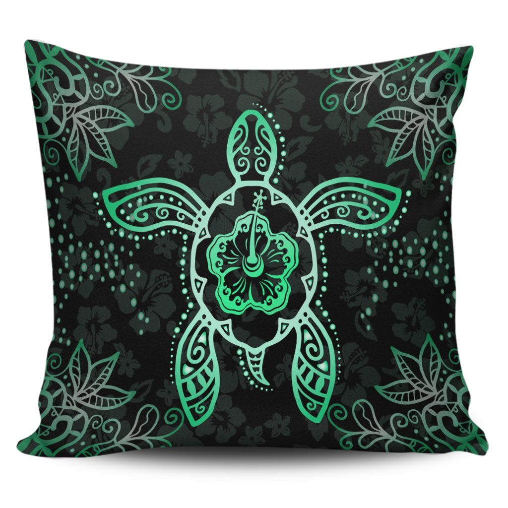 Hawaiian Turtle And Hibiscus Polynesian Pillow Covers Green - AH Pillow Covers Black - Polynesian Pride