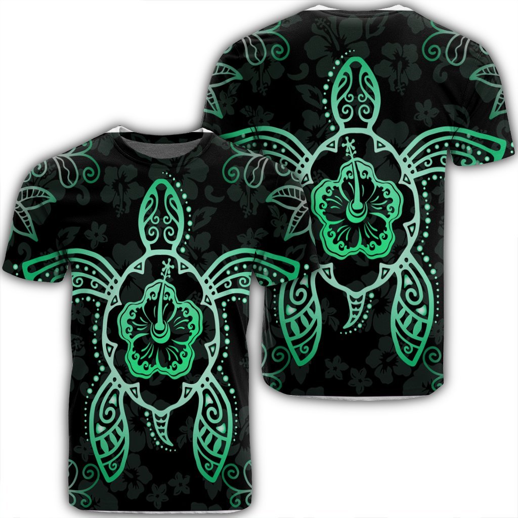 Hawaiian Turtle And Hibiscus Polynesian T Shirt Green AH Unisex Black - Polynesian Pride