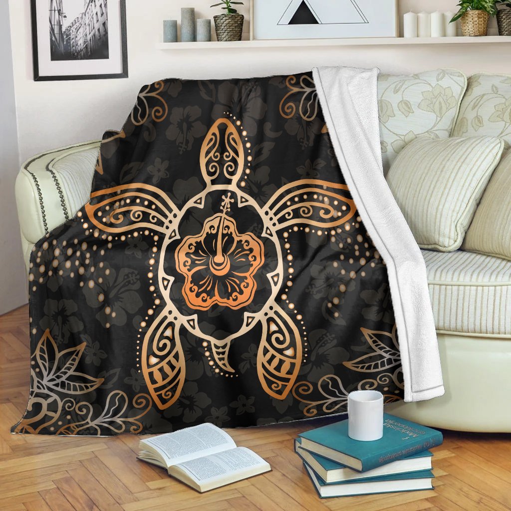 Hawaiian Turtle And Hibiscus Polynesian Premium Blankets Orange - AH White - Polynesian Pride