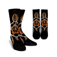 Hawaiian Turtle And Hibiscus Polynesian Crew Socks Orange - AH Crew Socks White - Polynesian Pride