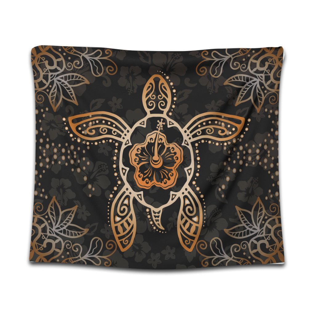 Hawaiian Turtle And Hibiscus Polynesian Tapestry Orange - AH Wall Tapestry Black - Polynesian Pride