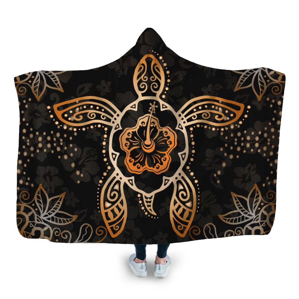 Hawaiian Turtle And Hibiscus Polynesian Hooded Blanket Orange - AH Hooded Blanket White - Polynesian Pride