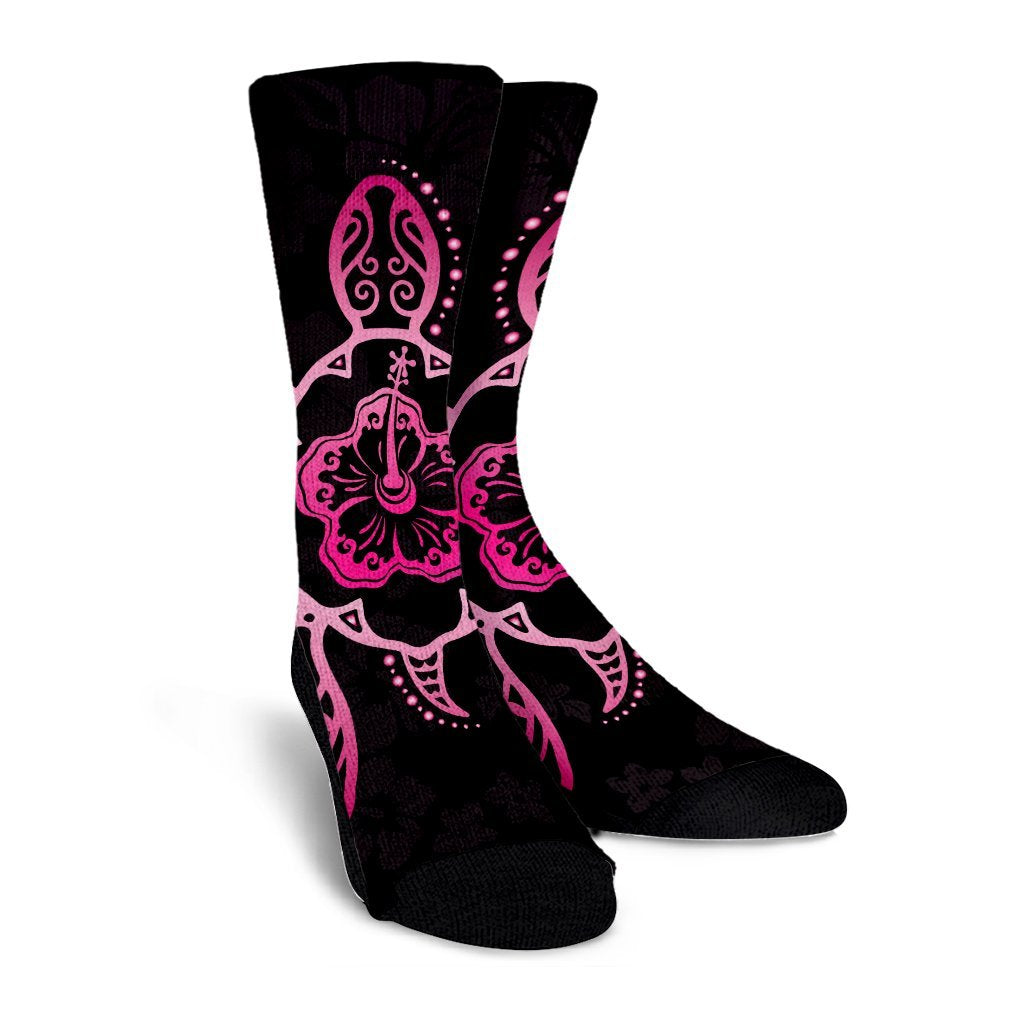 Hawaiian Turtle And Hibiscus Polynesian Crew Socks Pink - AH - Polynesian Pride