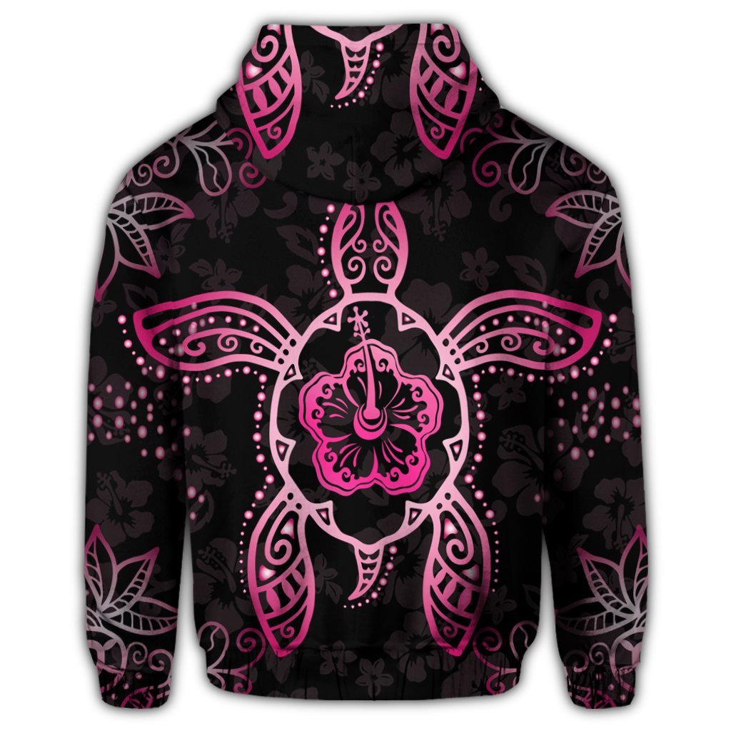 Hawaiian Turtle and Hibiscus Polynesian Zip Hoodie Pink - Polynesian Pride