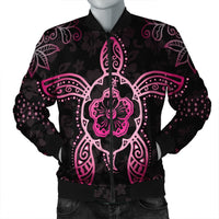 Hawaiian Turtle And Hibiscus Polynesian Bomber Jacket Pink - AH Black Unisex - Polynesian Pride