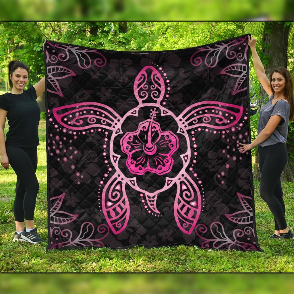 Hawaiian Turtle And Hibiscus Polynesian Premium Quilts Pink - AH Black - Polynesian Pride