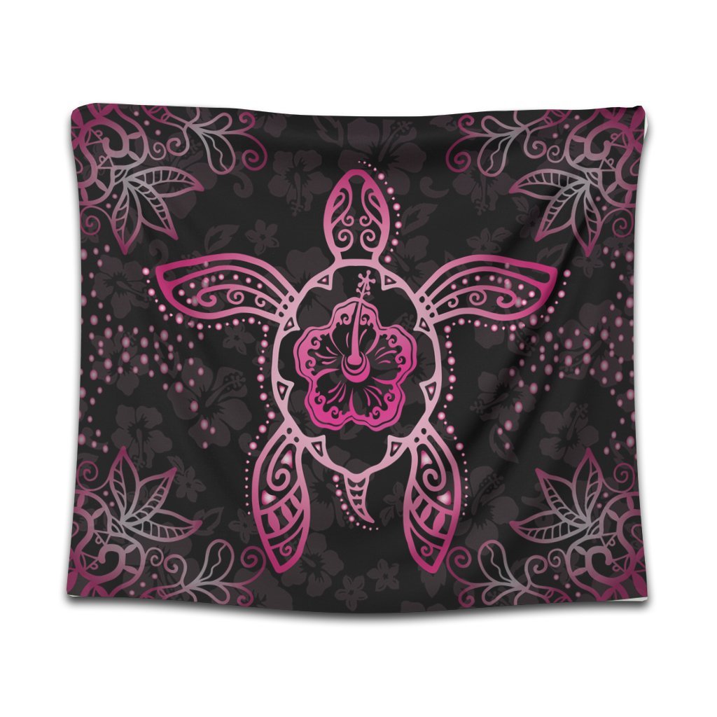 Hawaiian Turtle And Hibiscus Polynesian Tapestry Pink - AH Wall Tapestry Black - Polynesian Pride