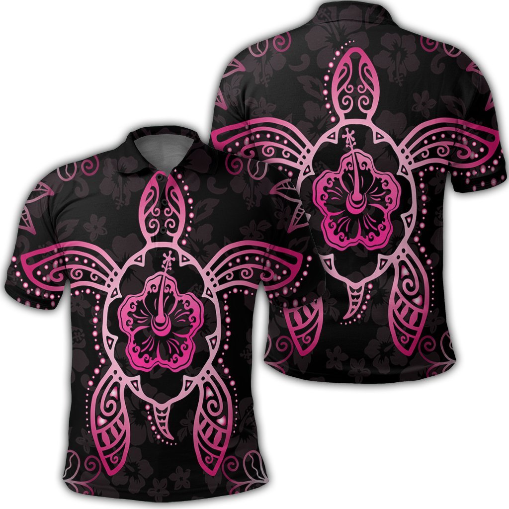 Hawaiian Turtle and Hibiscus Polynesian Polo Shirt Pink Unisex Black - Polynesian Pride