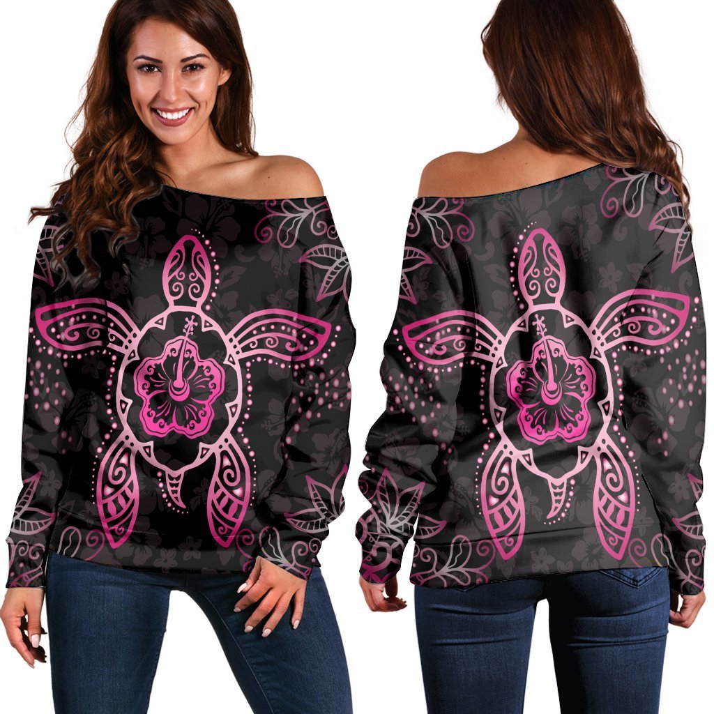 Hawaiian Turtle And Hibiscus Polynesian Women's Off Shoulder Sweater Pink - AH Black - Polynesian Pride