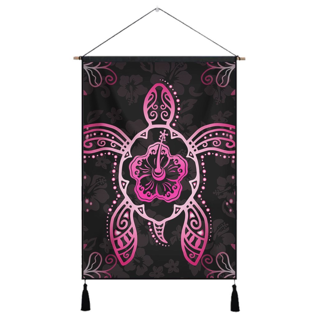 Hawaiian Turtle And Hibiscus Polynesian Hanging Poster Pink - AH Hanging Poster Cotton And Linen - Polynesian Pride