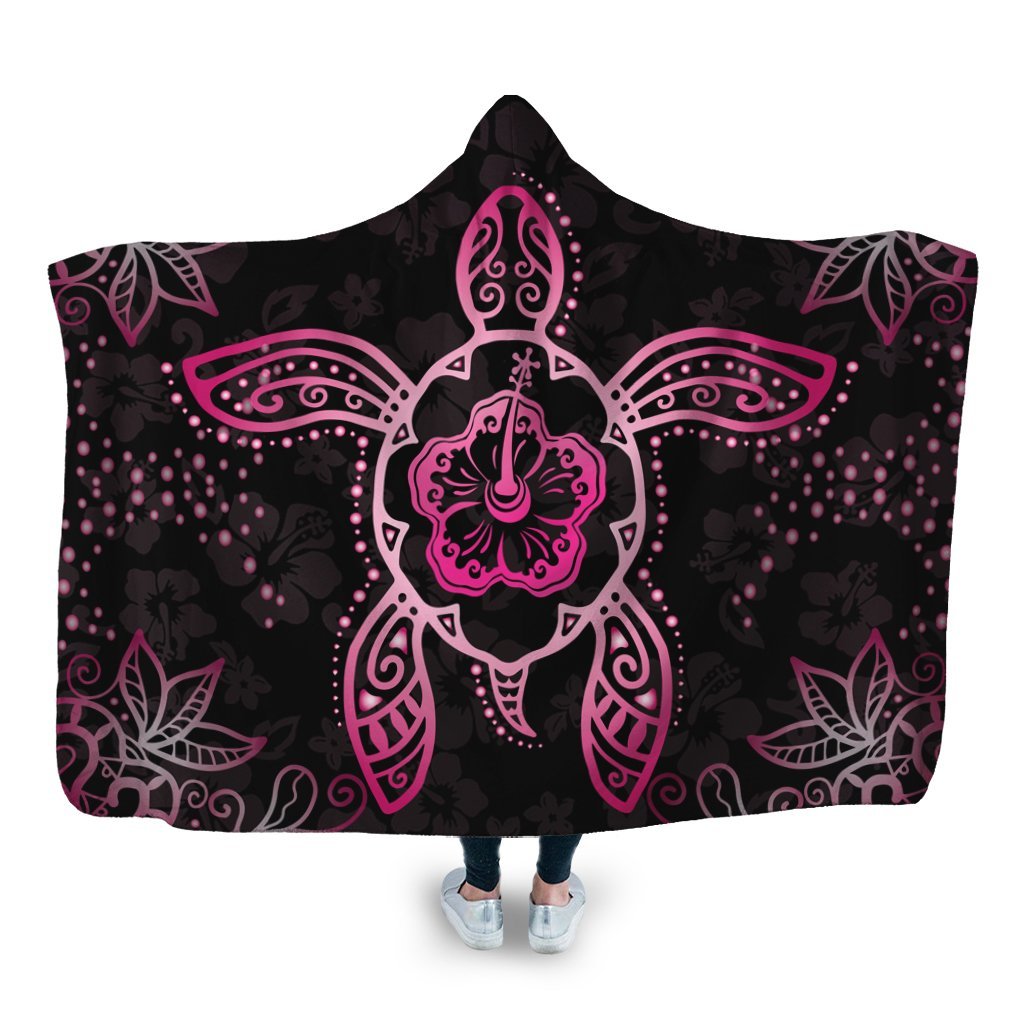 Hawaiian Turtle And Hibiscus Polynesian Hooded Blanket Pink - AH Hooded Blanket White - Polynesian Pride