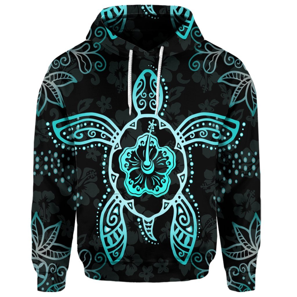 Custom Hawaiian Turtle and Hibiscus Polynesian Hoodie Turquoise - Polynesian Pride