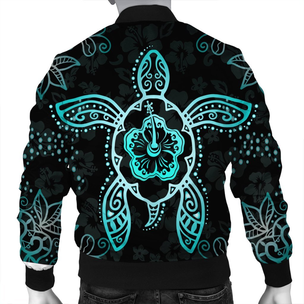 Hawaiian Turtle And Hibiscus Polynesian Bomber Jacket Turquoise - AH - Polynesian Pride