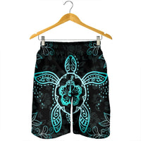 Hawaiian Turtle And Hibiscus Polynesian Men's Shorts Turquoise - AH - Polynesian Pride