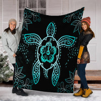 Hawaiian Turtle And Hibiscus Polynesian Premium Blankets Turquoise - AH - Polynesian Pride