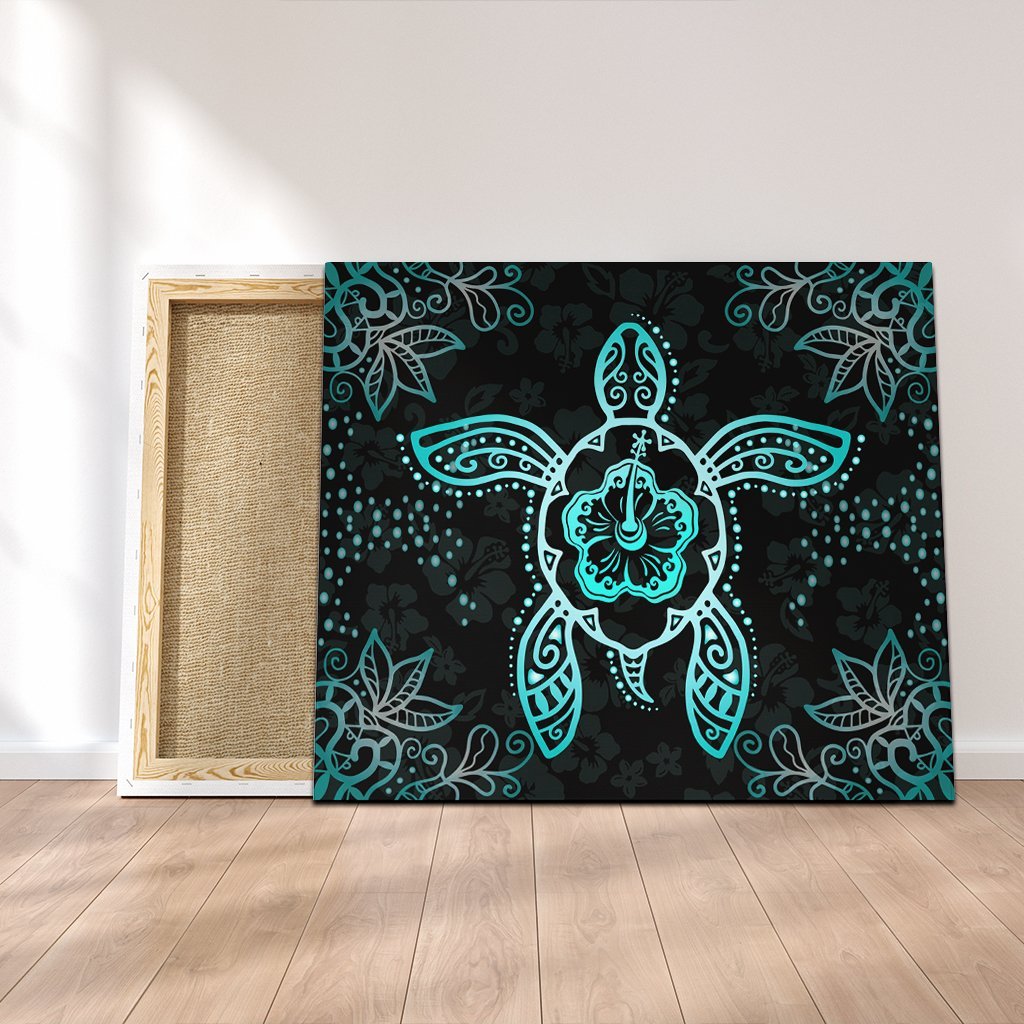 Hawaiian Turtle And Hibiscus Polynesian Canvas Turquoise - AH Canvas Poly-cotton - Polynesian Pride