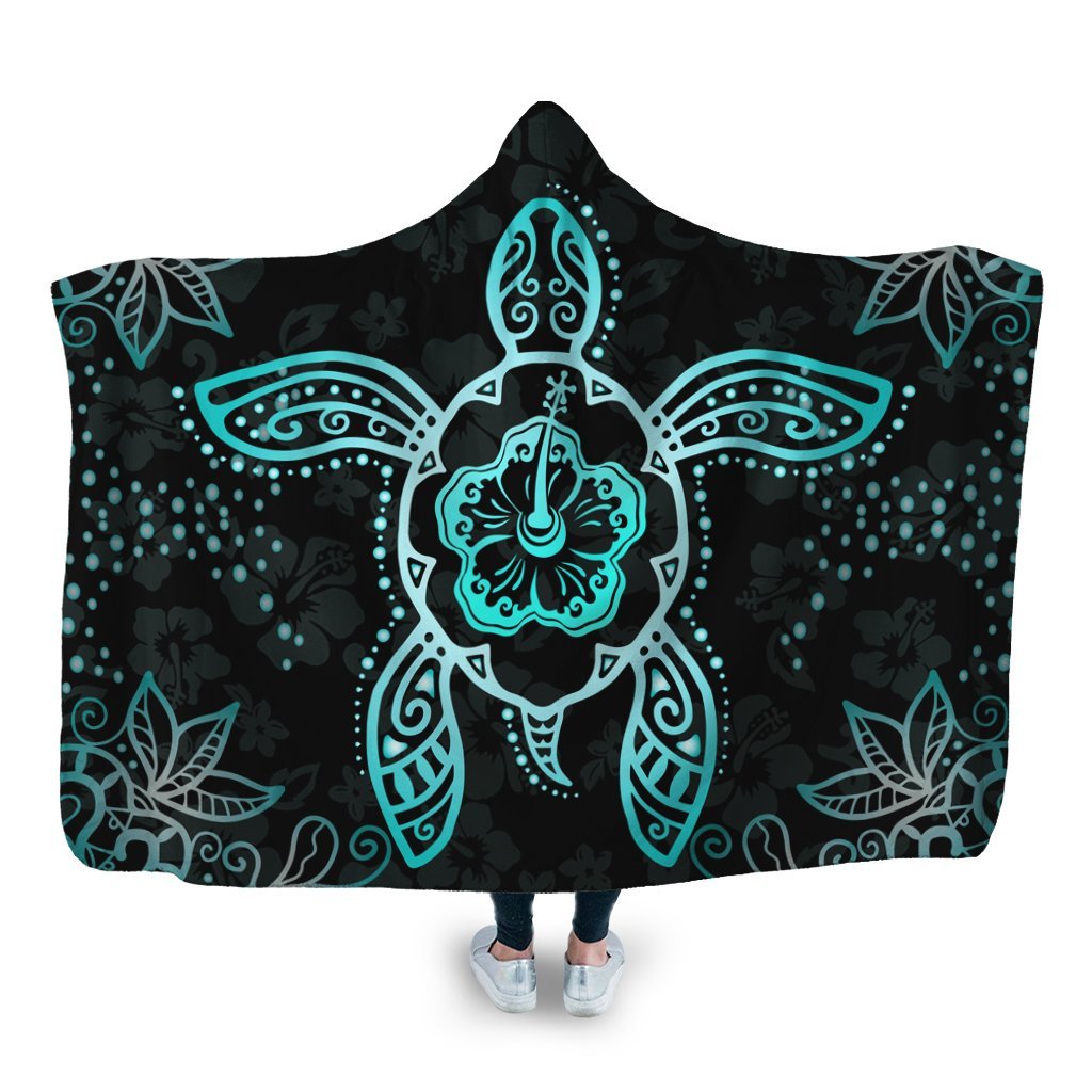 Hawaiian Turtle And Hibiscus Polynesian Hooded Blanket Turquoise - AH Hooded Blanket White - Polynesian Pride