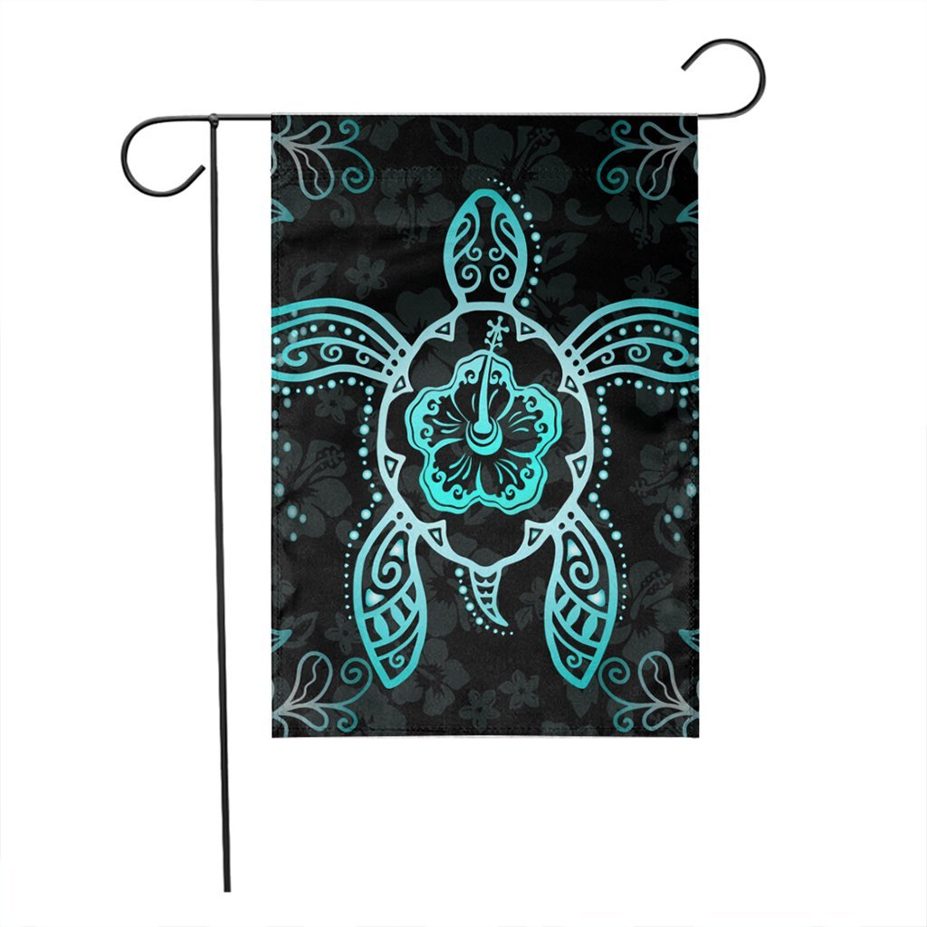 Hawaiian Turtle And Hibiscus Polynesian Flag Turquoise - AH - Polynesian Pride