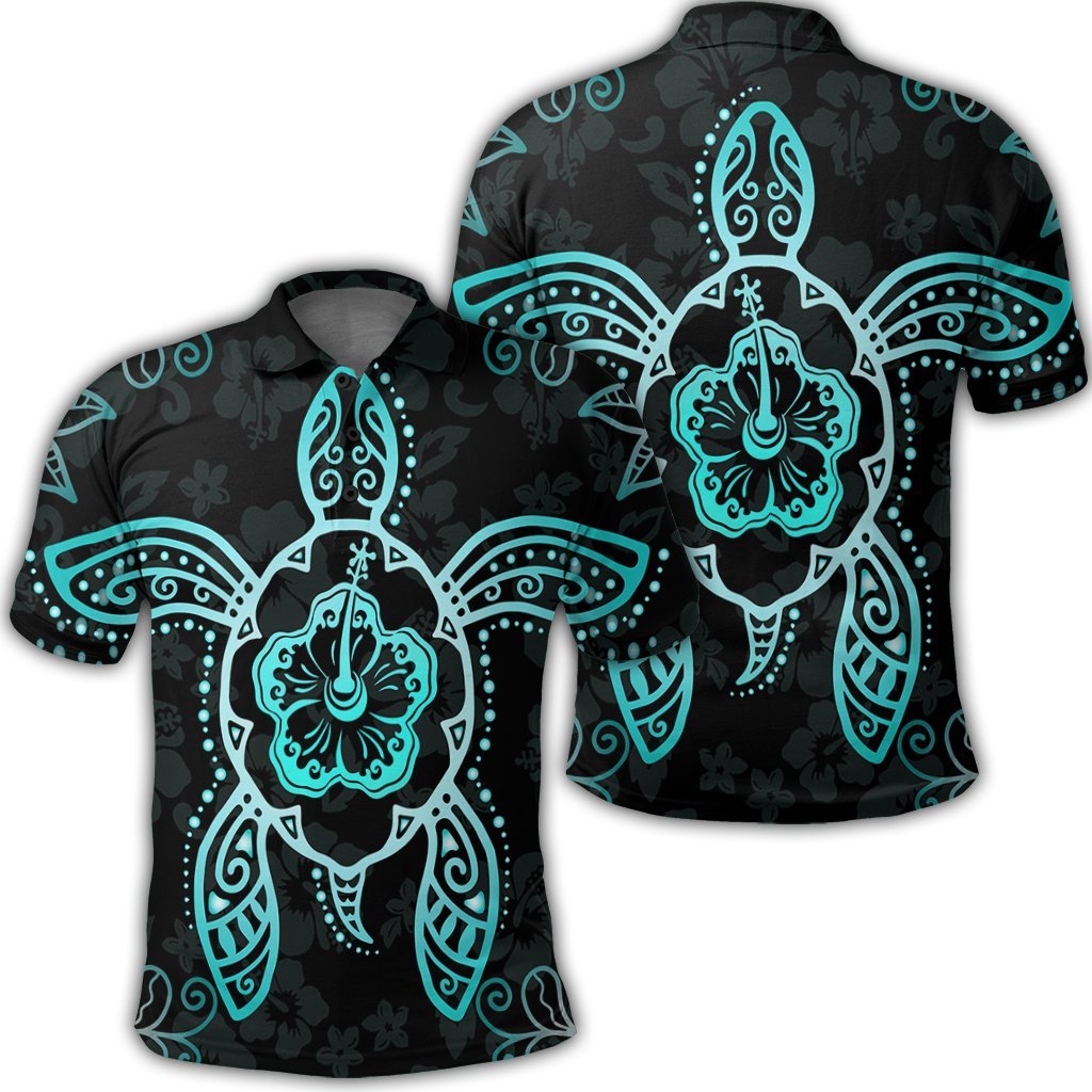 Hawaiian Turtle and Hibiscus Polynesian Polo Shirt Turquoise Unisex Black - Polynesian Pride